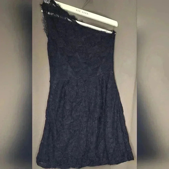 Women's/teen lace off the shoulder one strap Navy blue short dress with pockets. - Picture 2 of 8